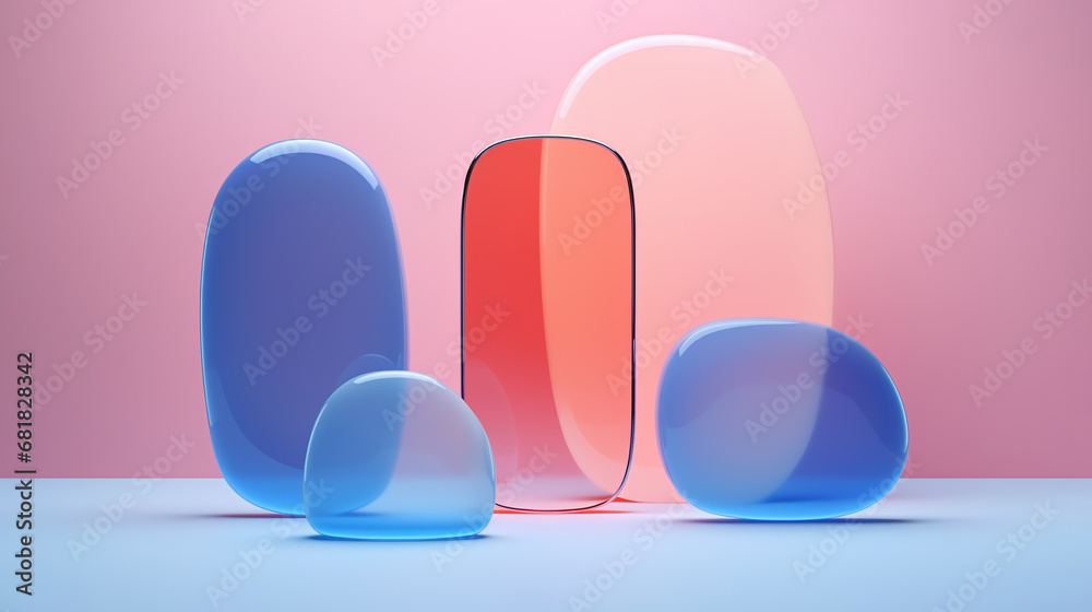 Product mockup background. Abstract shapes of colored transparent glass shapes for product dais display mockup. Bright color mock up podium background for perfume or cosmetic products - obrazy, fototapety, plakaty 