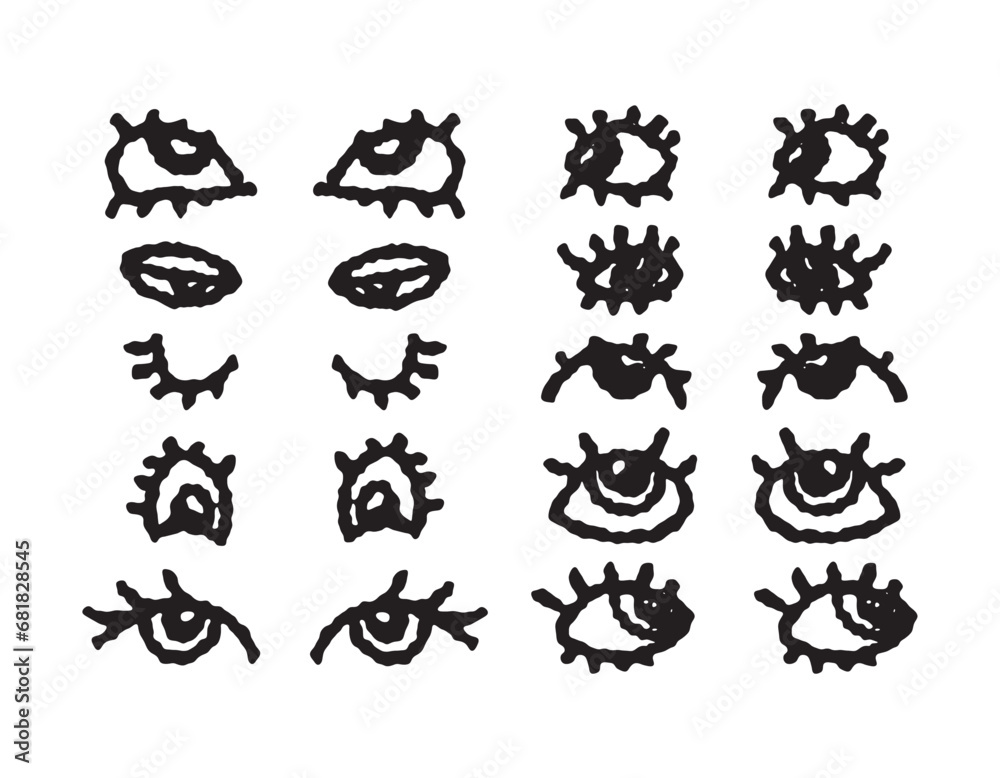 set of doodle eyes on a white background, illustration drawn in pencil.