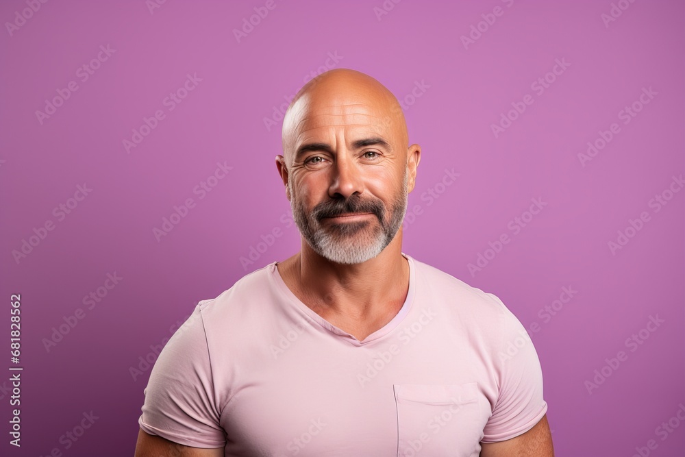 Portrait of mature man with beard and mustache. Isolated on purple background.