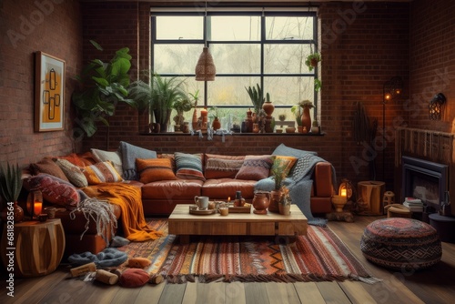 Inviting Home interior boho living room. Decor sofa. Generate Ai © juliars