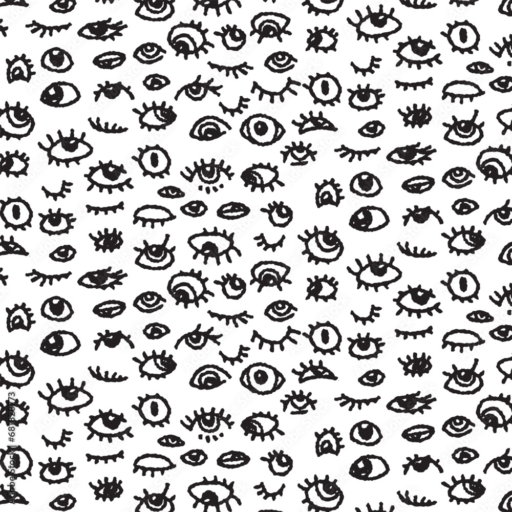 Seamless pattern with eyes and eyelashes. Hand drawn, ink illustration. Ornament for wrapping paper. Monochrome design.
