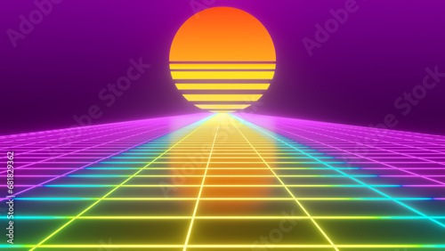 Synthwave and retrowave background with vaporwave 80s landscape, video game aesthetics, poly grid blue neon lights, and futuristic sci-fi design, all accompanied by an 80s-styled neon colors