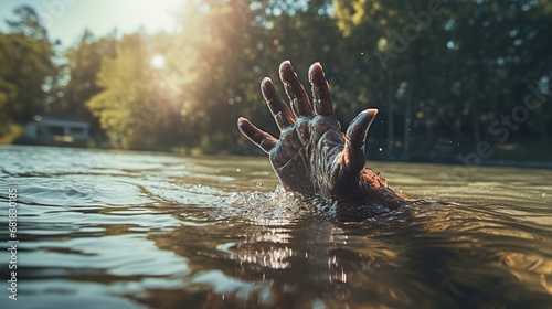 Single hand drowning in river water need help. AI generated image