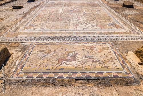 Roman mosaic floor with a hunting scene at the Uthina Archaeological Site.