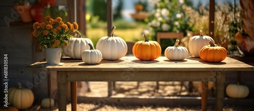 A collection of orange pumpkins on table with natural background. AI generated image