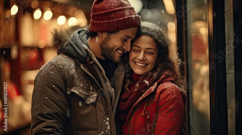 A smiling young couple wearing sweaters and Christmas fur hats and gloves embrace in front A hallmark version of the outside of Santa's workshop-covere with snow with all the decorations of Christmas  photo