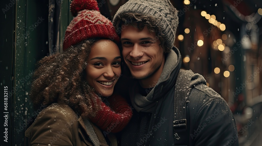 A smiling young couple wearing sweaters and Christmas fur hats and gloves embrace in front A hallmark version of the outside of Santa's workshop-covere with snow with all the decorations of Christmas 