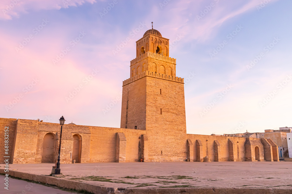 Minaret of the Great Mosque of Kairouan at sunset.