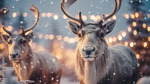 Christmas reindeers in a wintery snow scene with dim fairy lights and christmas trees © Sophie 