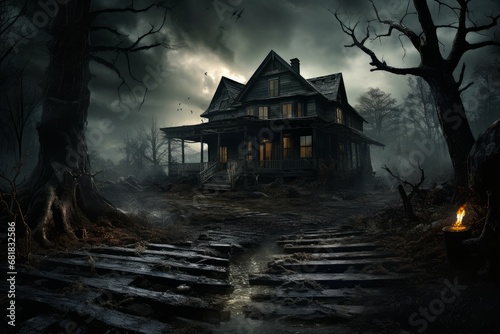 Unnerving Night horror house. Scene movie. Generate Ai photo