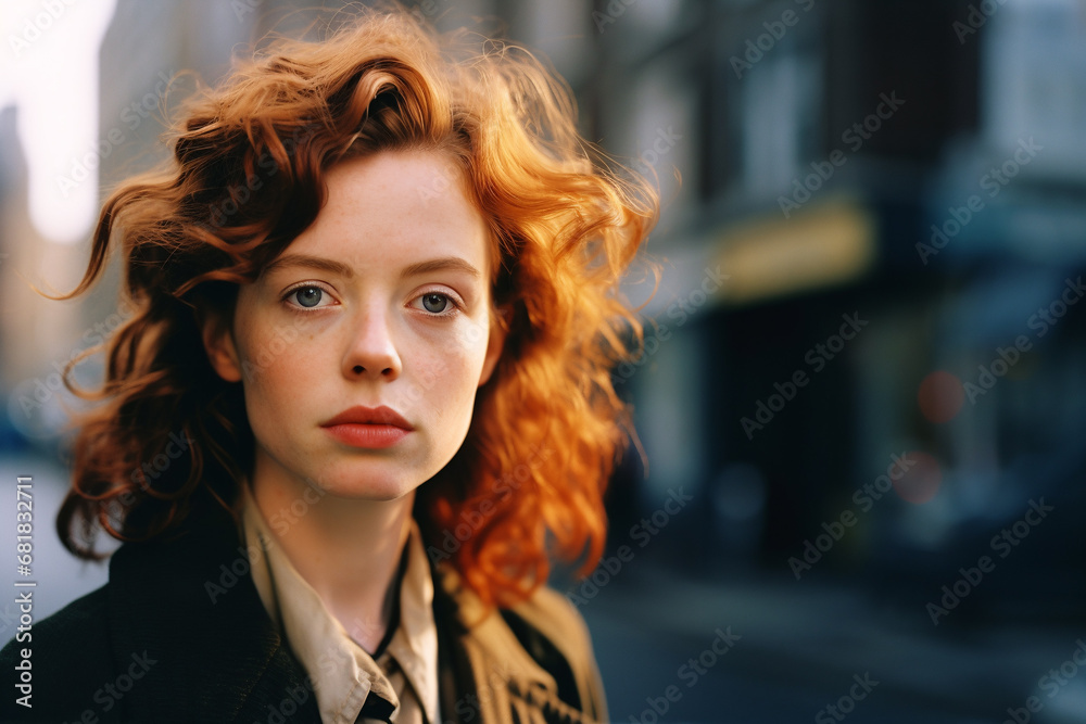 A young red-haired woman on the street in the morning light - Generative AI A young red-haired woman on the street in the morning light - Generative AI