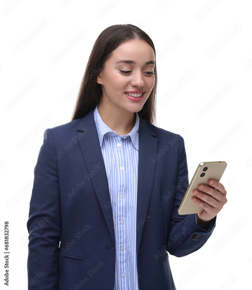 Happy woman sending message via smartphone on white background Happy woman sending message via smartphone on white background