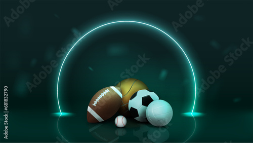 3d realistic balls for basketball, volleyball, soccer, soccer and baseball with reflection on a green background with a neon frame. A concept for sports betting.