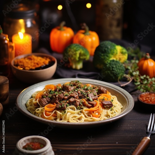 Food menu restaurant of fried noodles with broccoli and other vegetables isolated dark background