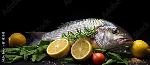Sea bream with slice lemon, herbs vegetables on plate isolated black background