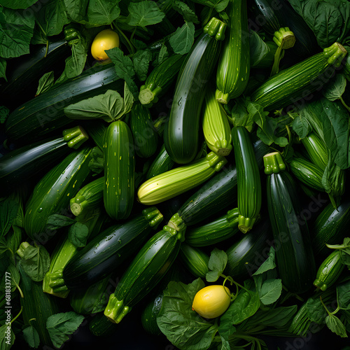 Overhead shot of a bountiful harvest of zucchinis, perfect for culinary concepts