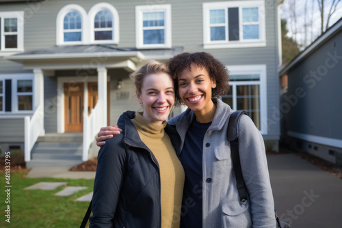 Homosexual lesbian couple against their new house. Real estate, relocation
