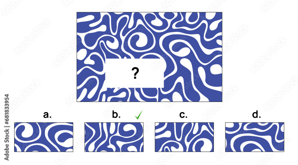 Fototapeta premium IQ test question with one main ornament shape graphic from which a part is missing and four given options. The b. option is the correct answer.