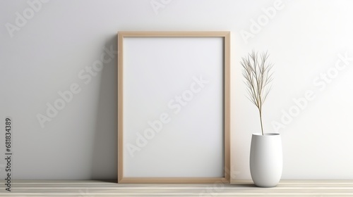 Empty frame for mockup on the table and vase ceramic with dried flowers isolated white background