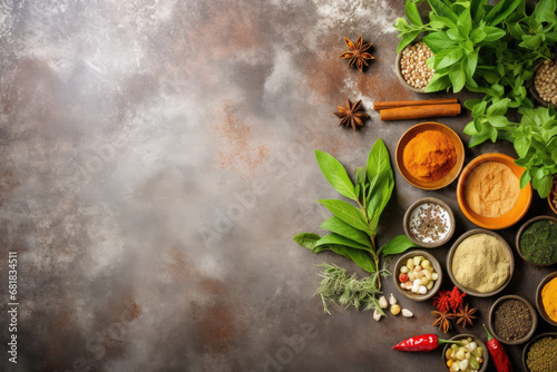 Spices and vegetables on wooden background with blank text space
