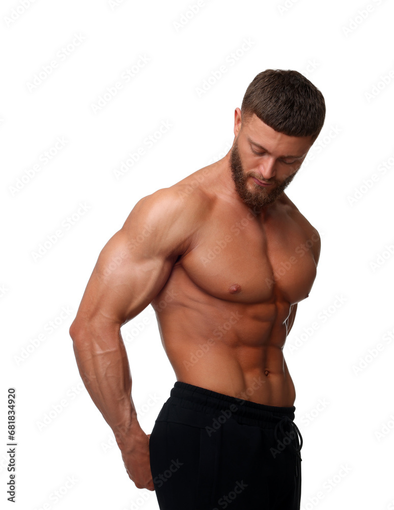 Young bodybuilder with muscular body on white background