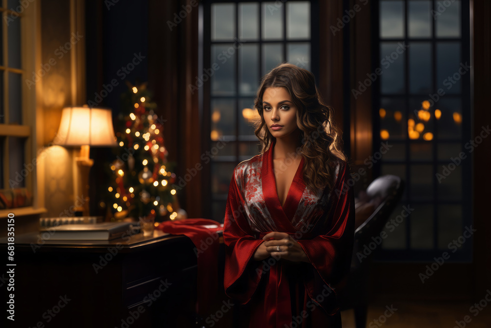 A woman draped in a luxurious Christmas-themed robe over her lingerie. The setting is elegant and festive, with a focus on the textures of the robe and the soft holiday lighting. A woman draped in a luxurious Christmas-themed robe over her lingerie. The setting is elegant and festive, with a focus on the textures of the robe and the soft holiday lighting.