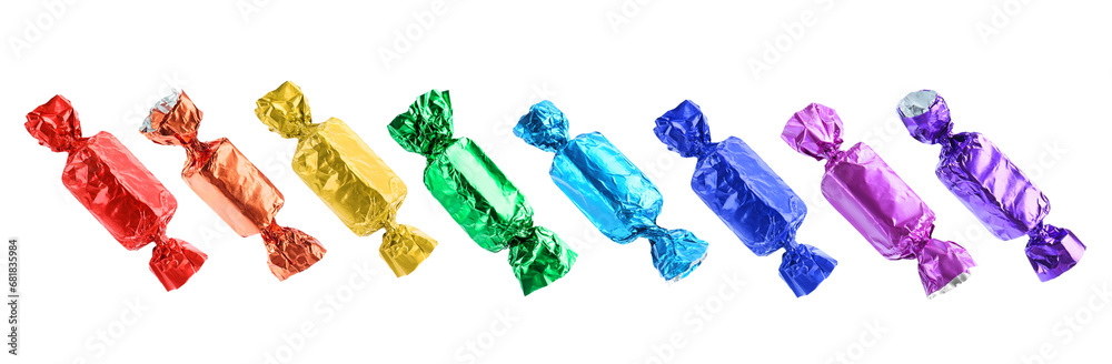 Tasty candies in bright wrappers isolated on white, set - obrazy, fototapety, plakaty 
