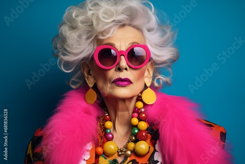 Fashionable senior woman with bright makeup and pink sunglasses. Studio shot.