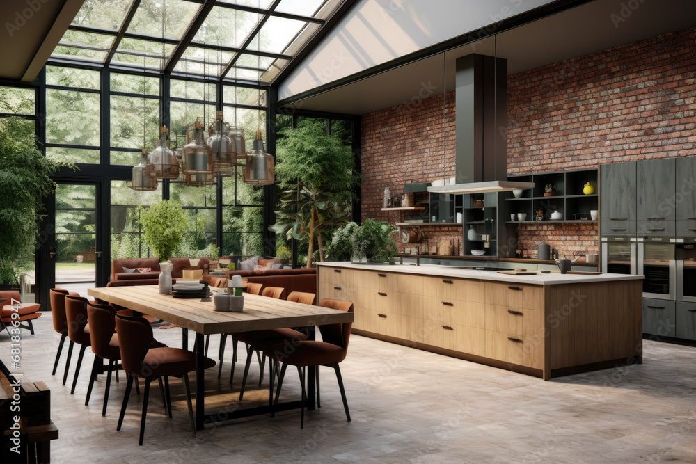 Biophilic interior design of spacious brown wooden modern kitchen