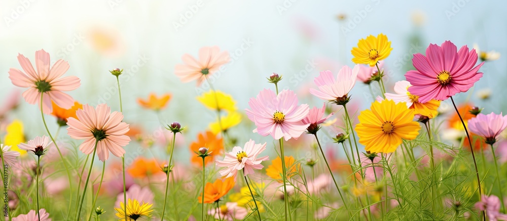 beautiful garden, surrounded by green grass and blooming flowers of various colors, the pink and yellow cosmos stood tall, adding to the breathtaking beauty of the floral wonderland in summer, where