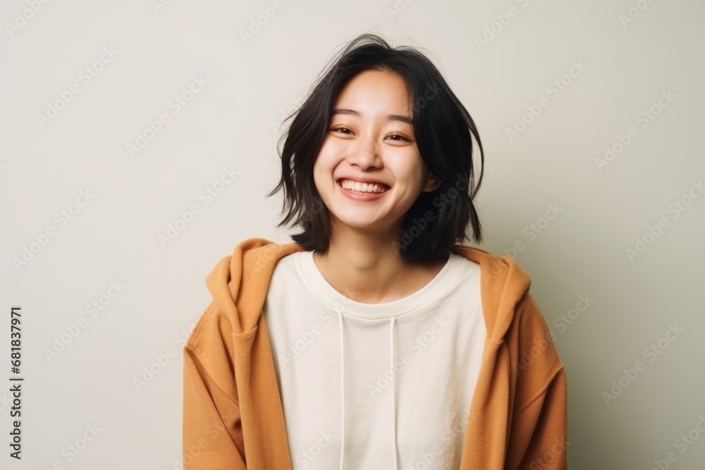 young happy and beautiful Asian Korean woman in hoodie smiling cheerful and confident having fun isolated on grey background in beauty and fashion concept young happy and beautiful Asian Korean woman in hoodie smiling cheerful and confident having fun isolated on grey background in beauty and fashion concept