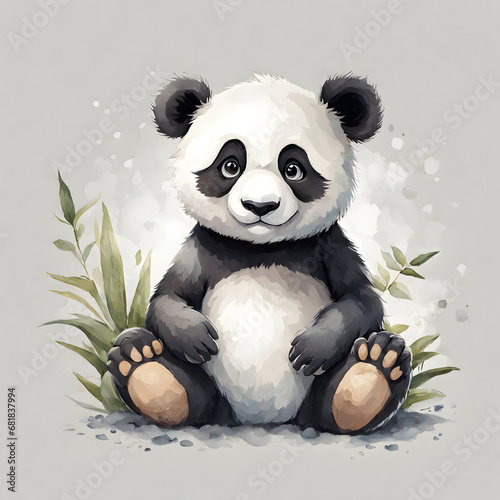 Illustration of a cute panda sitting on the ground with leaves