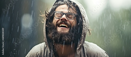 In the rain of a spring shower, a happy man with wet hair and a beard smiles under his hood, his eyeglasses covering his eyes. photo