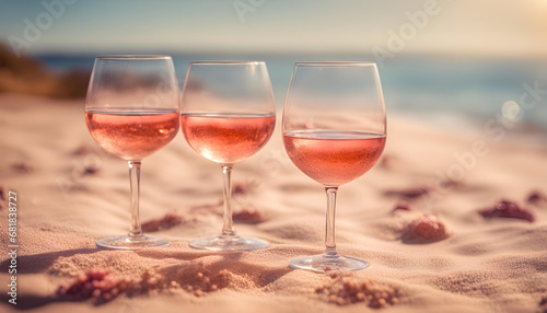 фотография Summer time in Provence, two glasses of cold rose wine on sandy beach