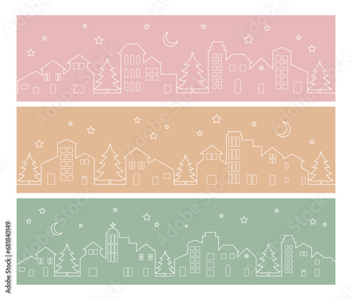City skyline outline doodle banner set, white line cityscape night sky, buildings under the moon cartoon border vectors