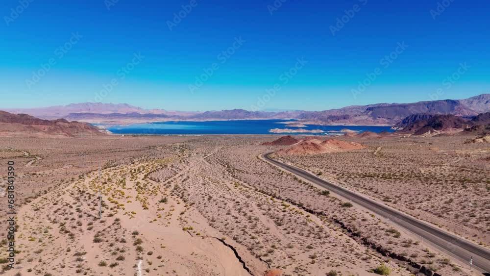 Lonesome road through the desert from above aerial view - aerial photography