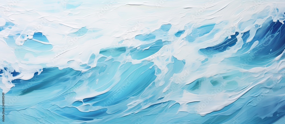 In the bright summer light, the abstract texture of the white waves crashing against the blue ocean creates a mesmerizing scene, much like a tropical wallpaper for those seeking a vacation by the sea