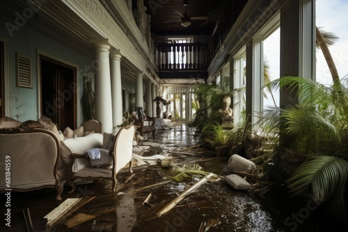 Terrifying Hurricane destroy house flood. Home construction. Generate Ai photo