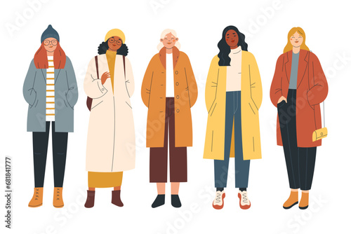 Group of modern women wearing trendy winter clothes. Casual city street fashion outfits. Hand drawn characters colorful vector illustration.