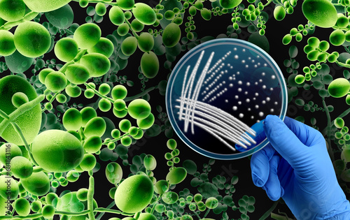 Superbug Fungus microbiology as Deadly Fungal Infection concept as a microbe threat and mucormycosis as Candida auris fungi spreading as a Mycology with a scientist holding a petri dish. photo