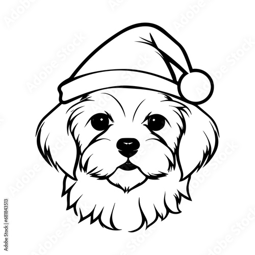 Cute maltese Dog wearing Santa hat head, Christmas illustration, Generative AI.