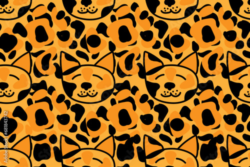 Cute orange cartoon smiling cat and animalistic abstract black and orange spots. Seamless vector pattern for design and decoration.