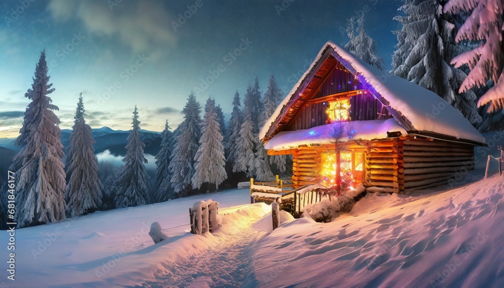 Fantastic winter landscape with glowing wooden cabin in snowy forest. Christmas holiday concept.  The lamps light up the house at the evening time. Winter landscape. Mountains and forests. 