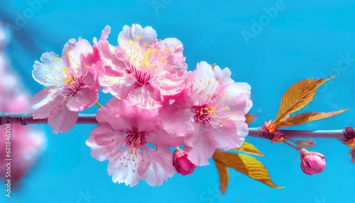 Beautiful cherry blossom sakura in spring time on blue sky.	
