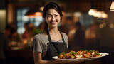 Happy and helpful oriental woman with a plate of food gastronomy in a professional chef's restaurant 