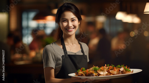 Happy and helpful oriental woman with a plate of food gastronomy in a professional chef s restaurant 