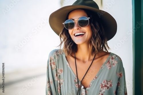 Portrait of a beautiful young woman in hat and sunglasses smiling.