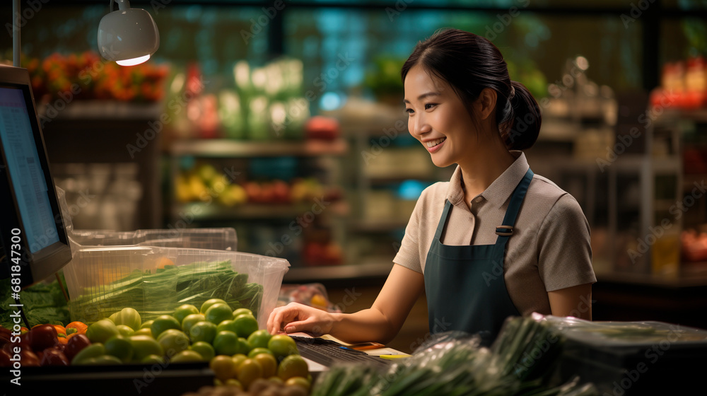 Happy asian oriental Woman Smiling working in a supermarket deals and discounts