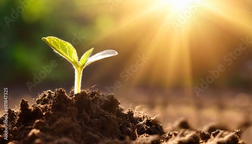 Close up of a young plant sprouting from the ground. Concept of new life	
 photo
