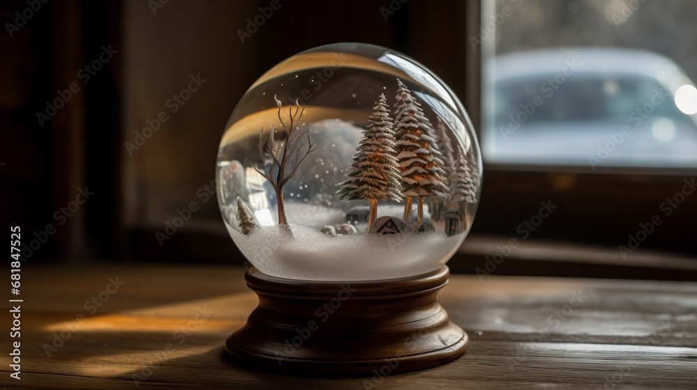 Christmas snow globe. Christmas glass ball with winter scene snow and trees inside. Gifts, Christmas toy. Festive greeting card. Surprise for New Year or Christmas. New Year concept. Decor concept. Christmas snow globe. Christmas glass ball with winter scene snow and trees inside. Gifts, Christmas toy. Festive greeting card. Surprise for New Year or Christmas. New Year concept. Decor concept.